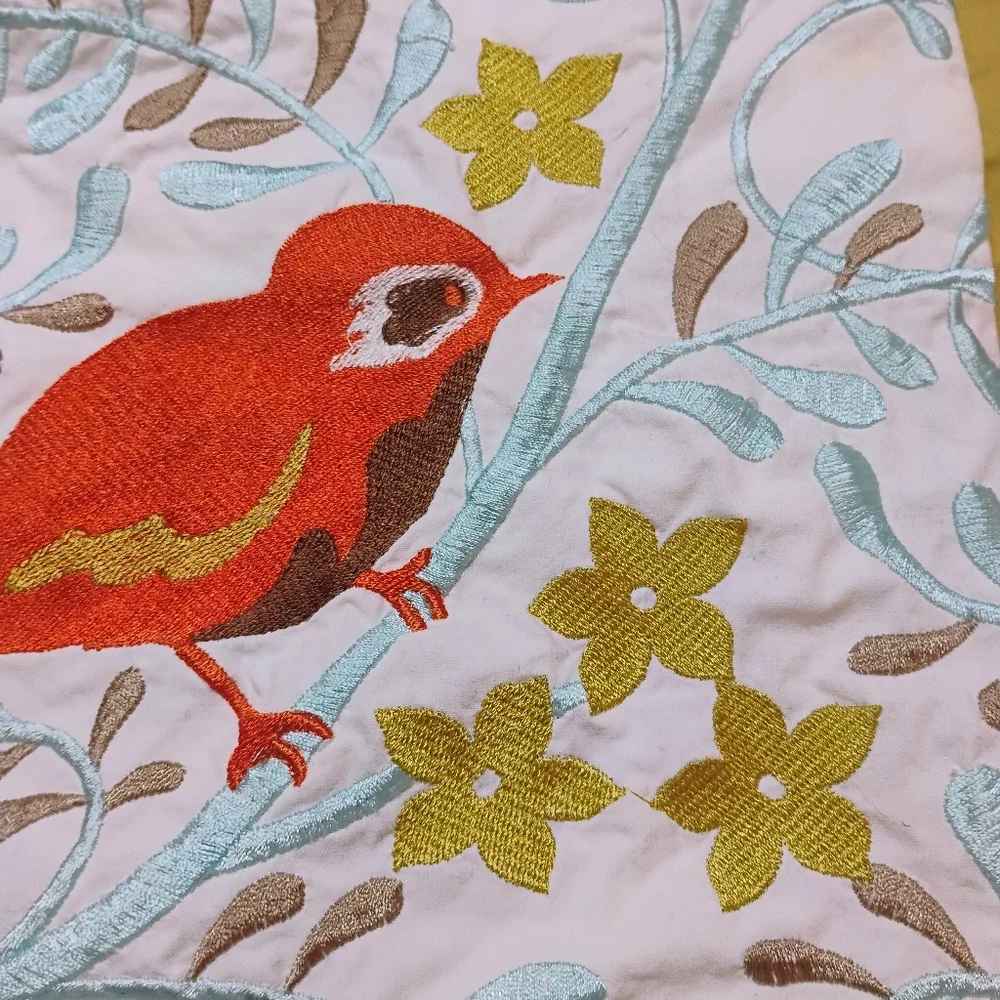 Vtg Embroidered Bird Floral Pillow Cover Case‎ Cottagecore 18x13 Zipper C